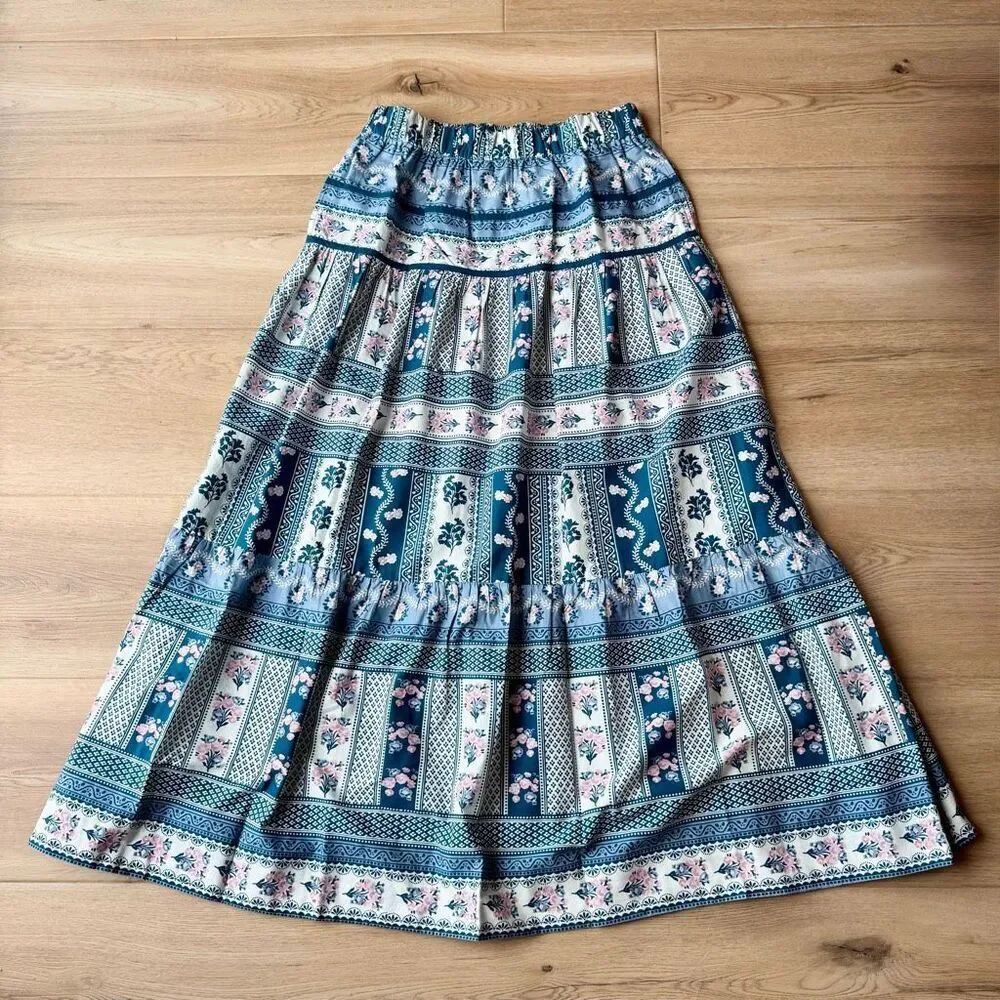 Nwt Ophelia & Indigo Edith Maxi Skirt Vintage Floral Blue Boho Block Medium — image 4 of 8
